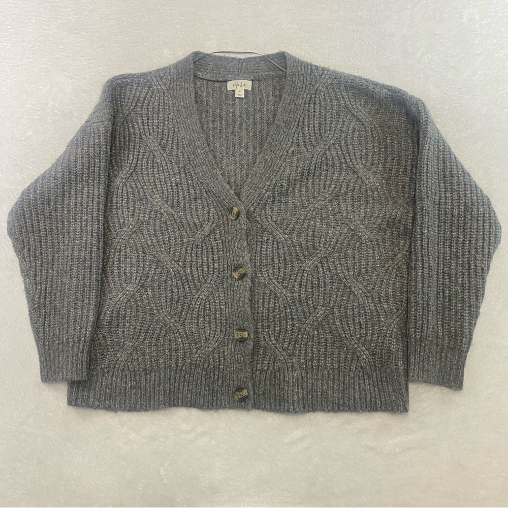 Style & Co Button Up Cable Knit Cardigan Sweater Size XL Gray Acrylic Nylon